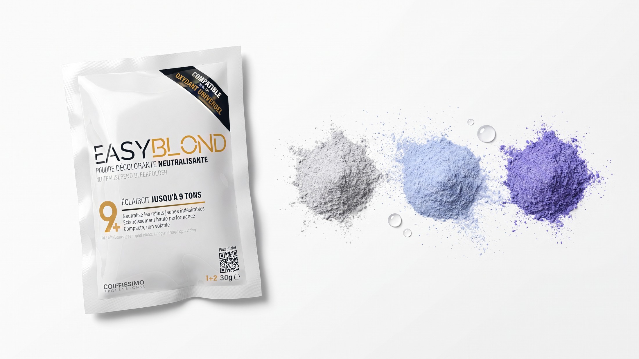 Sachet EASYBLOND 30 g et poudre grise, bleue puis violette, vue de dessus