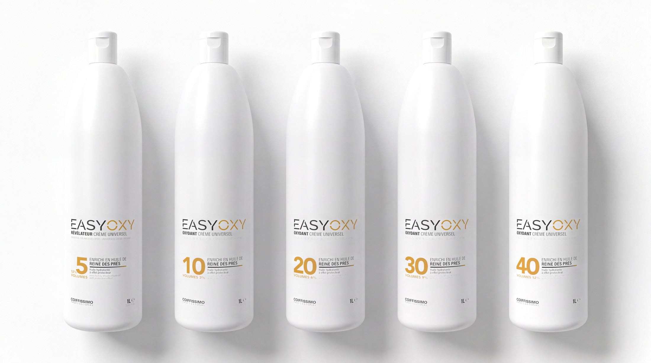 Les 5 bouteilles EasyOxy de 5 à 40 volumes, vue de dessus
