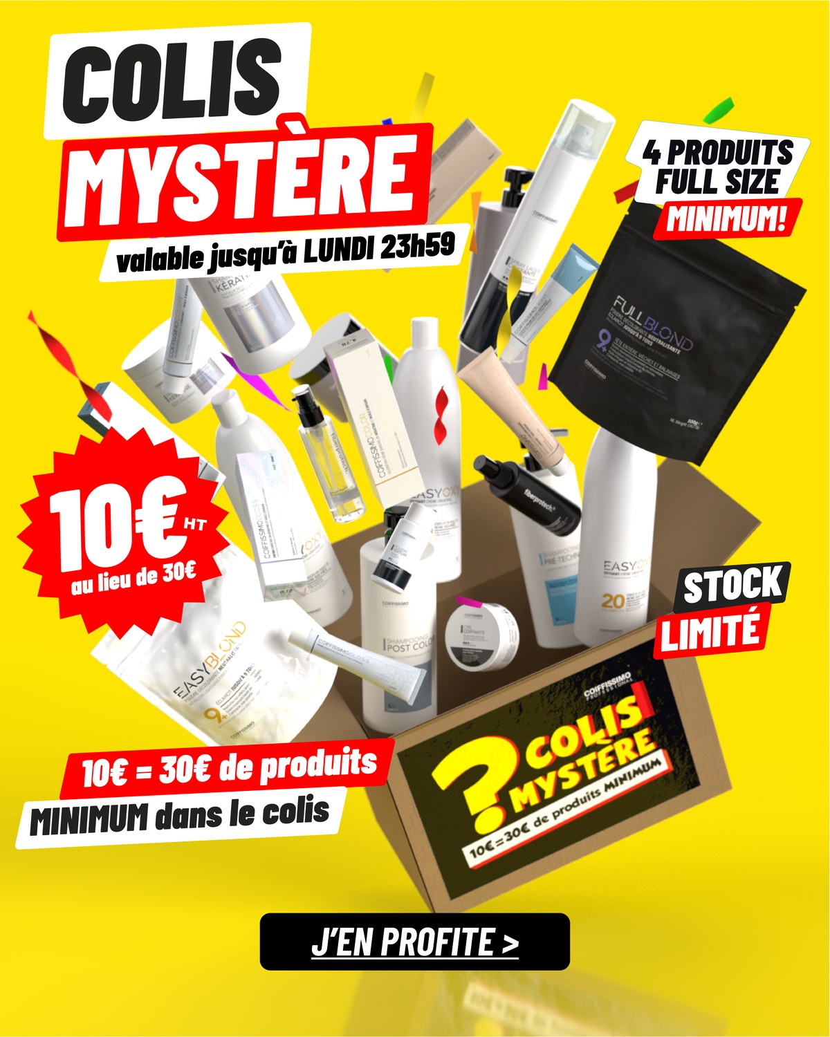 Colis Mystère : 10 € HT = 30 € de produits minimum, 4 produits full size minimum, stock limité, valable jusqu'à lundi 23 h 59