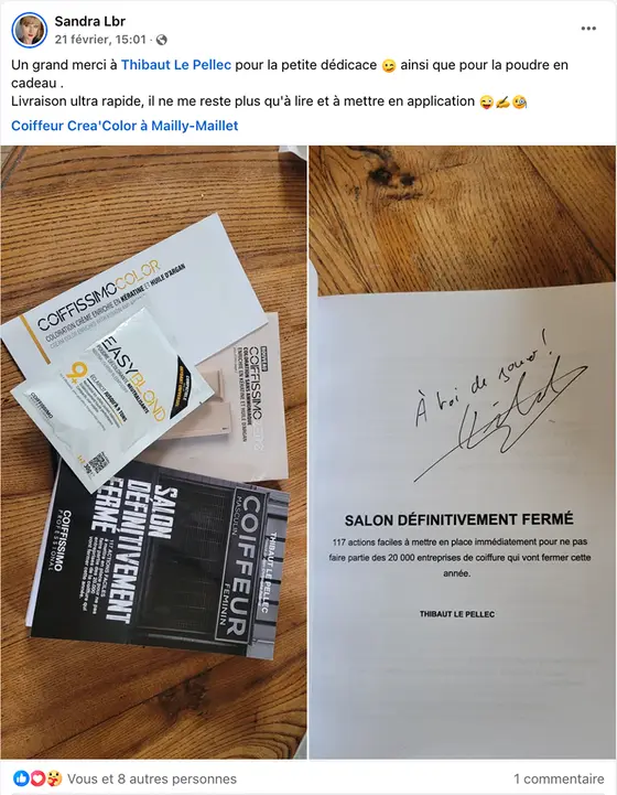 Publication Facebook d'une coiffeuse qui remercie Thibaut pour la dédicace du livre