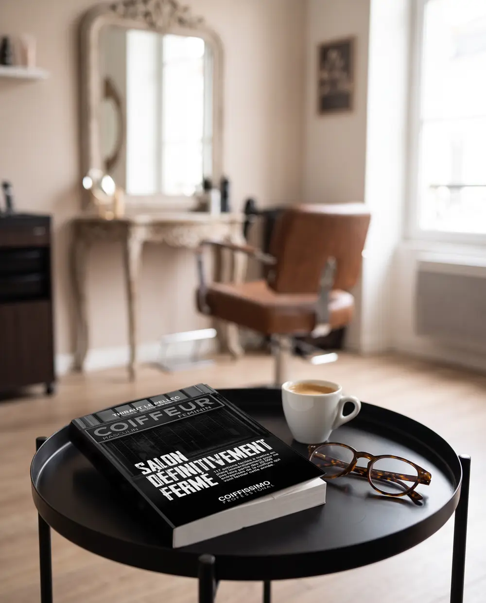 Le livre posé sur une table basse de salon de coiffure, à côté d'un café