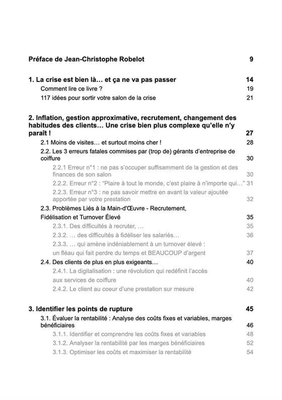 Première page du sommaire du livre