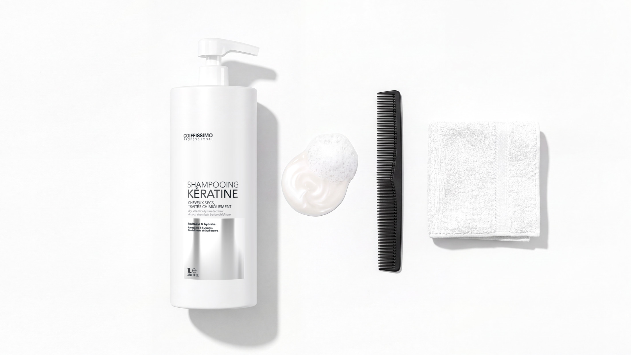 Shampooing kératine Coiffissimo au bac, vue de dessus