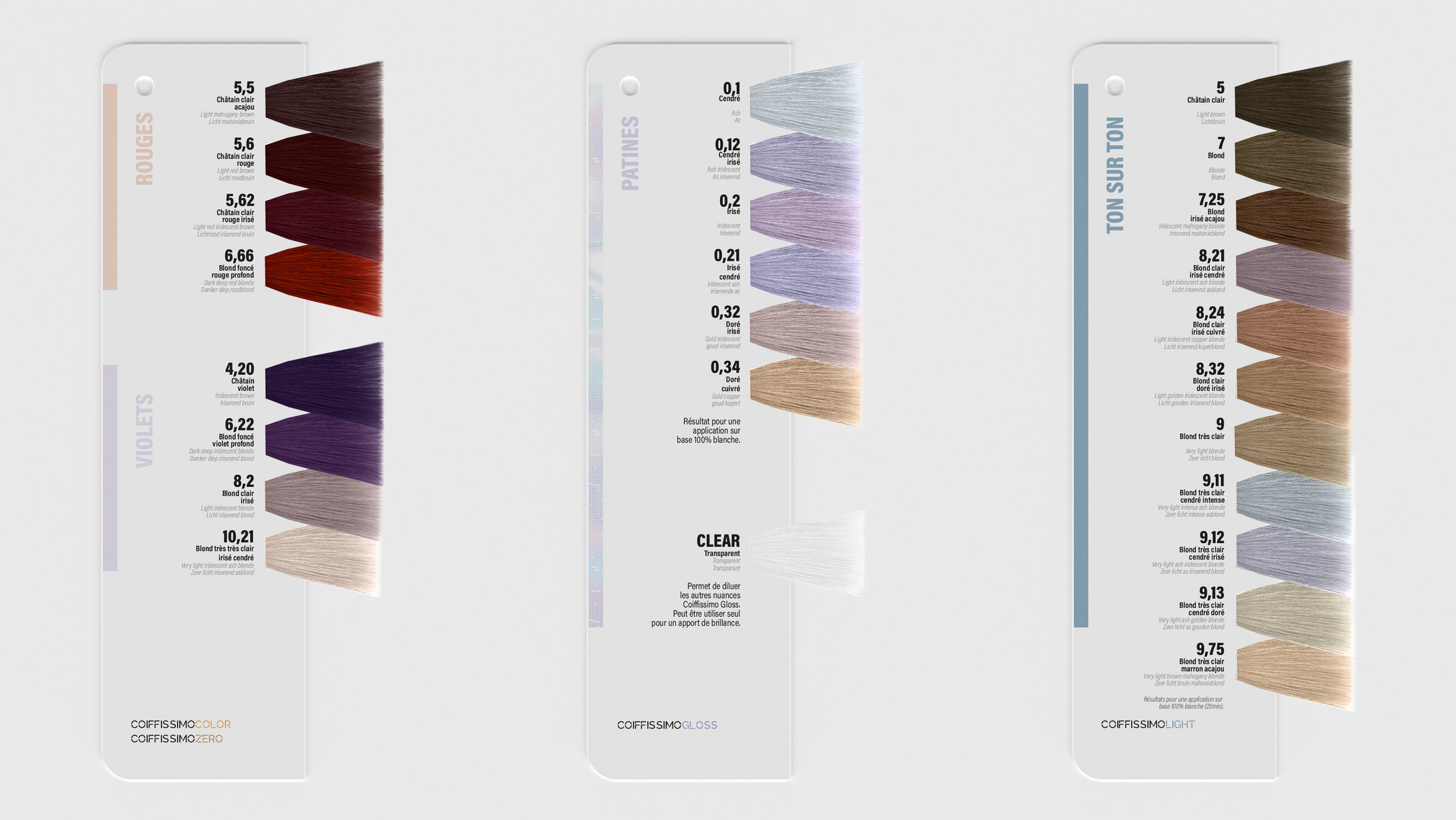 Cartes Rouges et violets, Patines Gloss, Ton sur ton Light du nuancier universel Coiffissimo