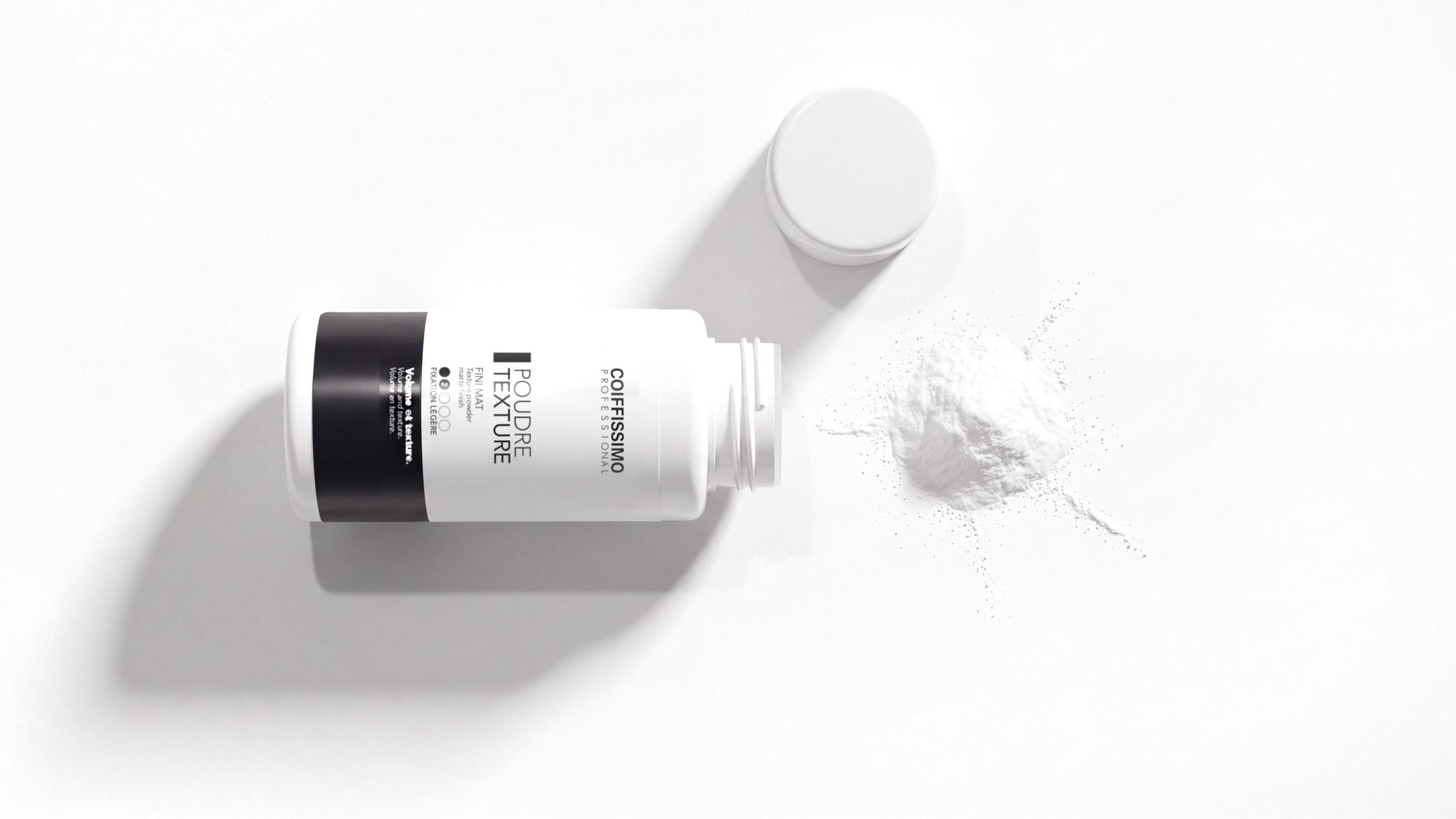 Poudre texture blanche et son pot de 10 g, vue de dessus