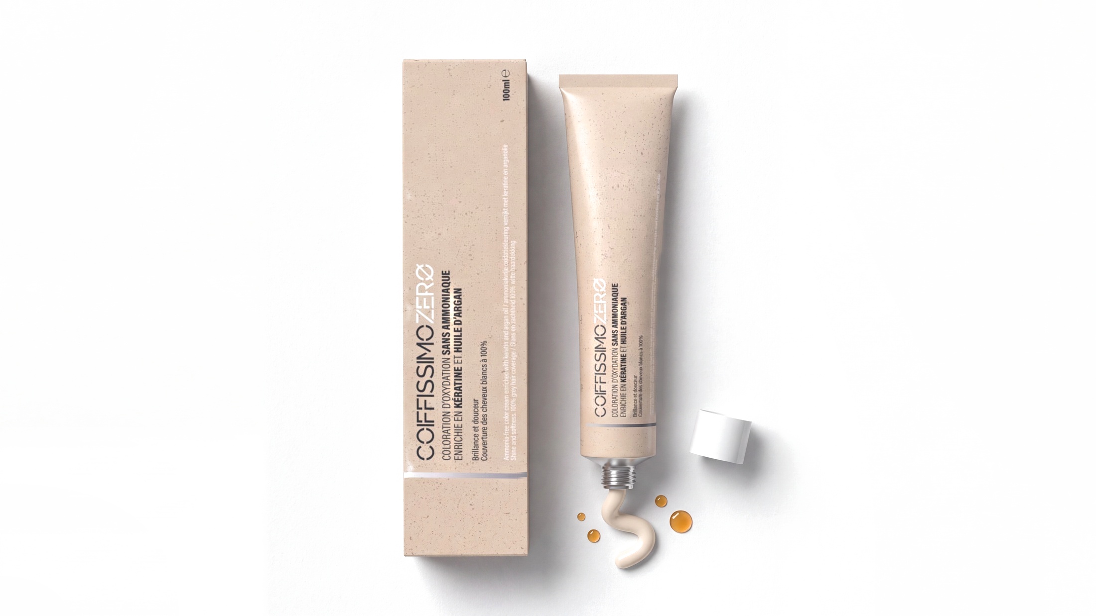 Étui et tube Coiffissimo Zero ouvert, ruban de crème colorante, vue de dessus