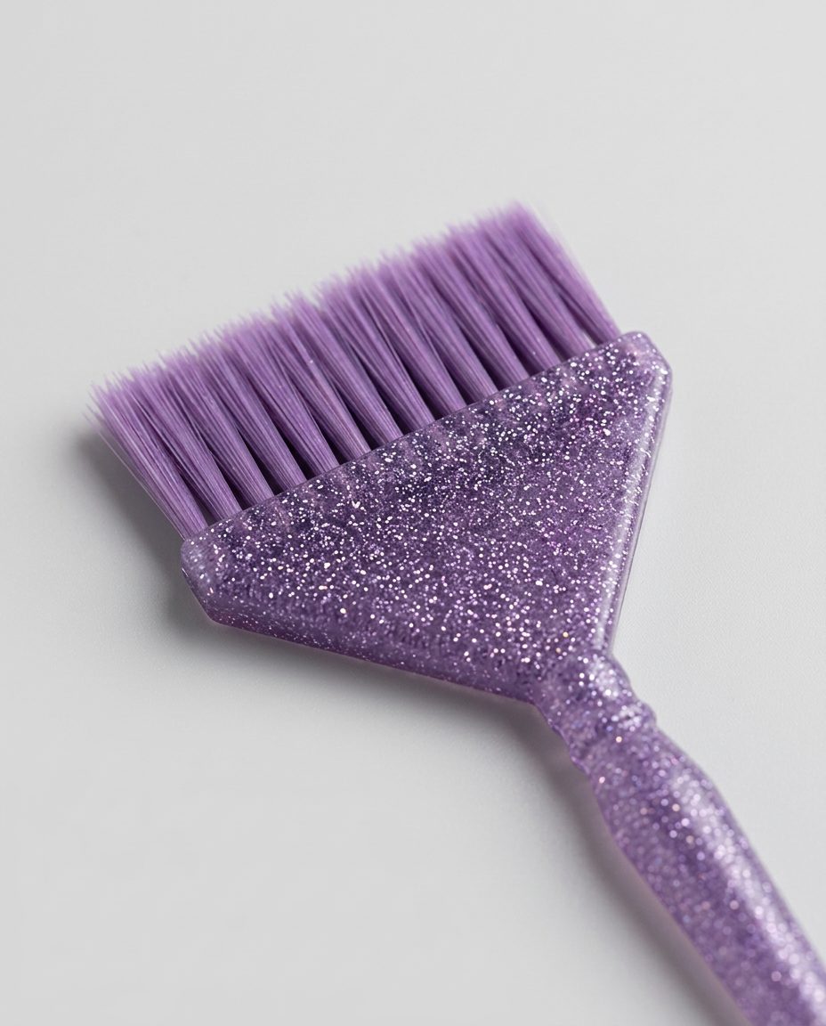 Tête et manche pailleté du pinceau violet en gros plan