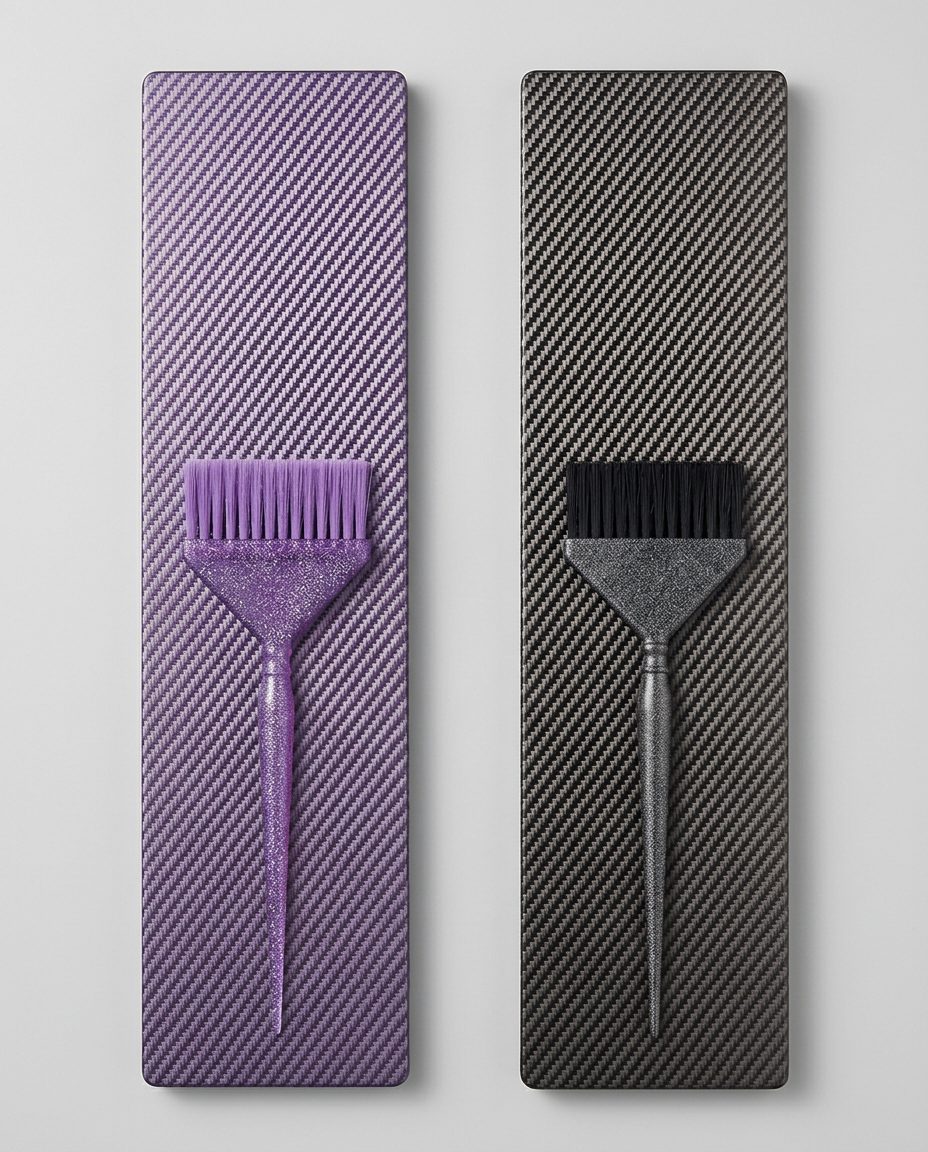 Pinceau et planche en violet et en noir, côte à côte