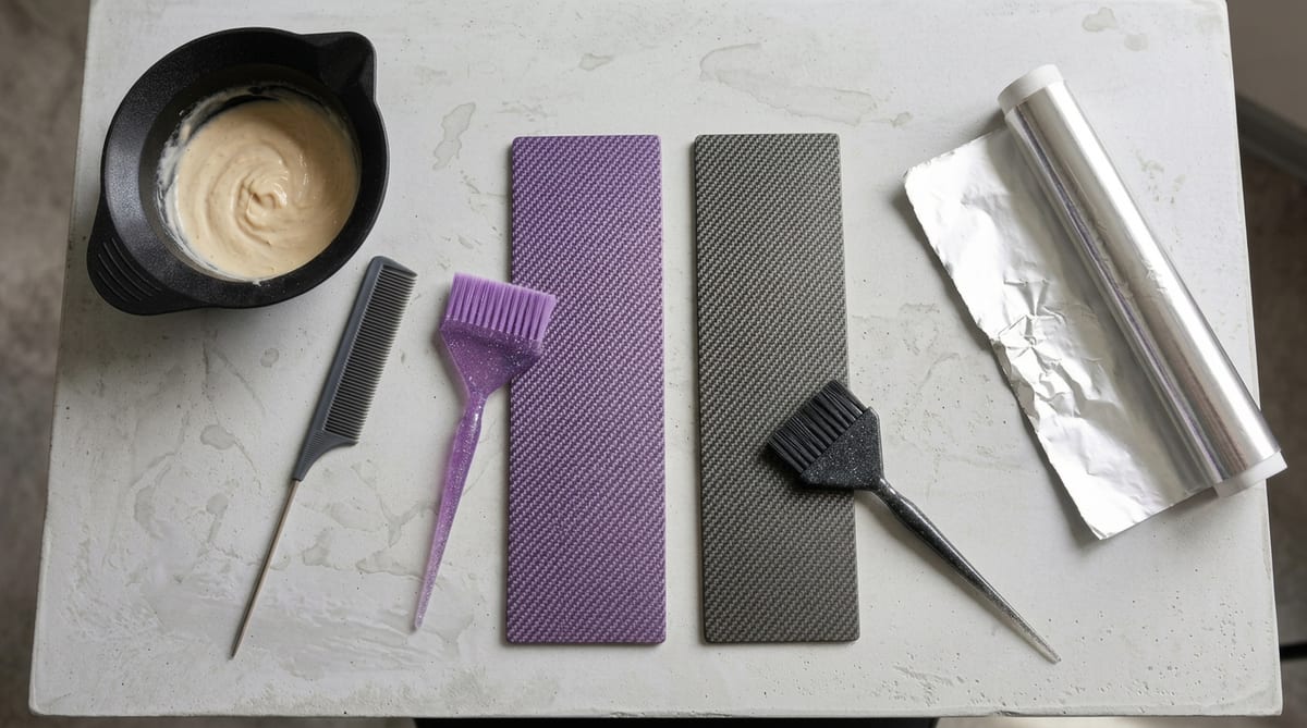 Pinceaux à paillettes et planches en fibre de carbone violet et noir, bol de décoloration, peigne à queue et aluminium, vue de dessus