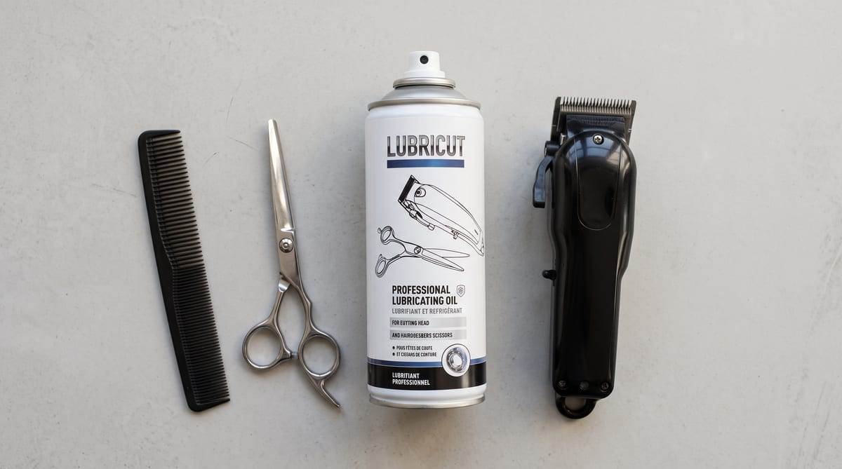 Bombe Lubricut précision, tondeuse, ciseaux et peigne, vue de dessus