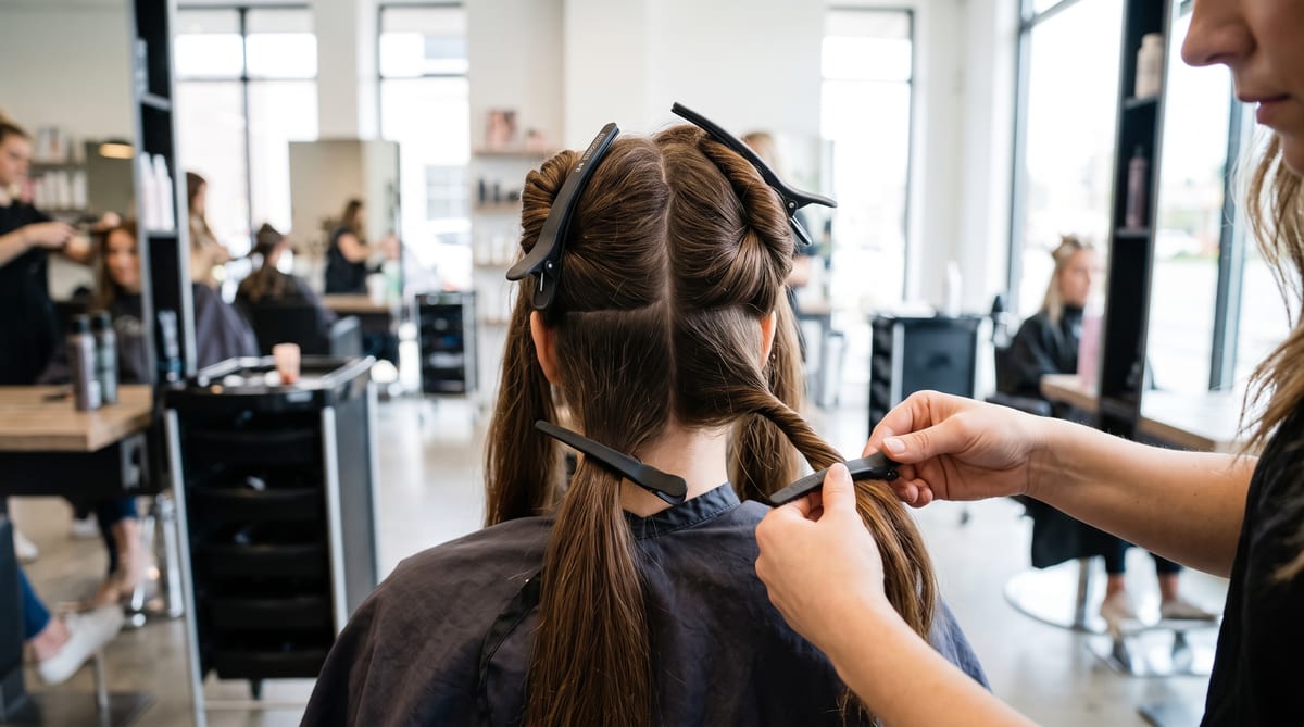 Chevelure sectionnée et maintenue par des pinces de séparation noires en salon