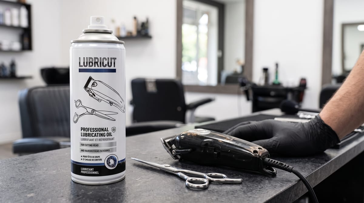 Bombe Lubricut précision sur un poste de barbier, à côté d'une tondeuse et de ciseaux