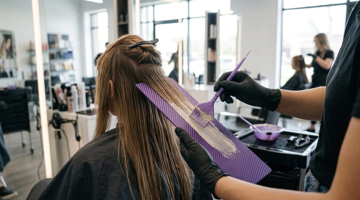Application de la décoloration au pinceau sur une mèche posée sur la planche violette, en salon