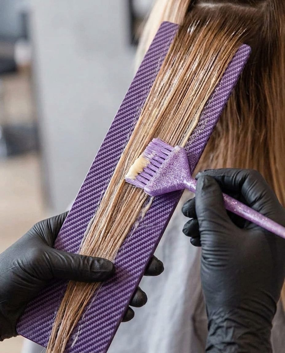 Mèche posée à plat sur la planche violette, application au pinceau
